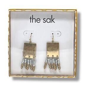 The Sak Hammered Metal Beaded Dangle Earrings Gold Silver Tone NIB